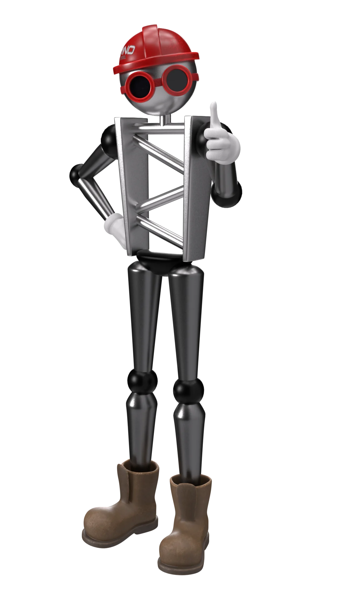 CANO STEEL 3D robot mascot in hard hat giving a thumbs up beside structural steel—waist-up crop for web hero.